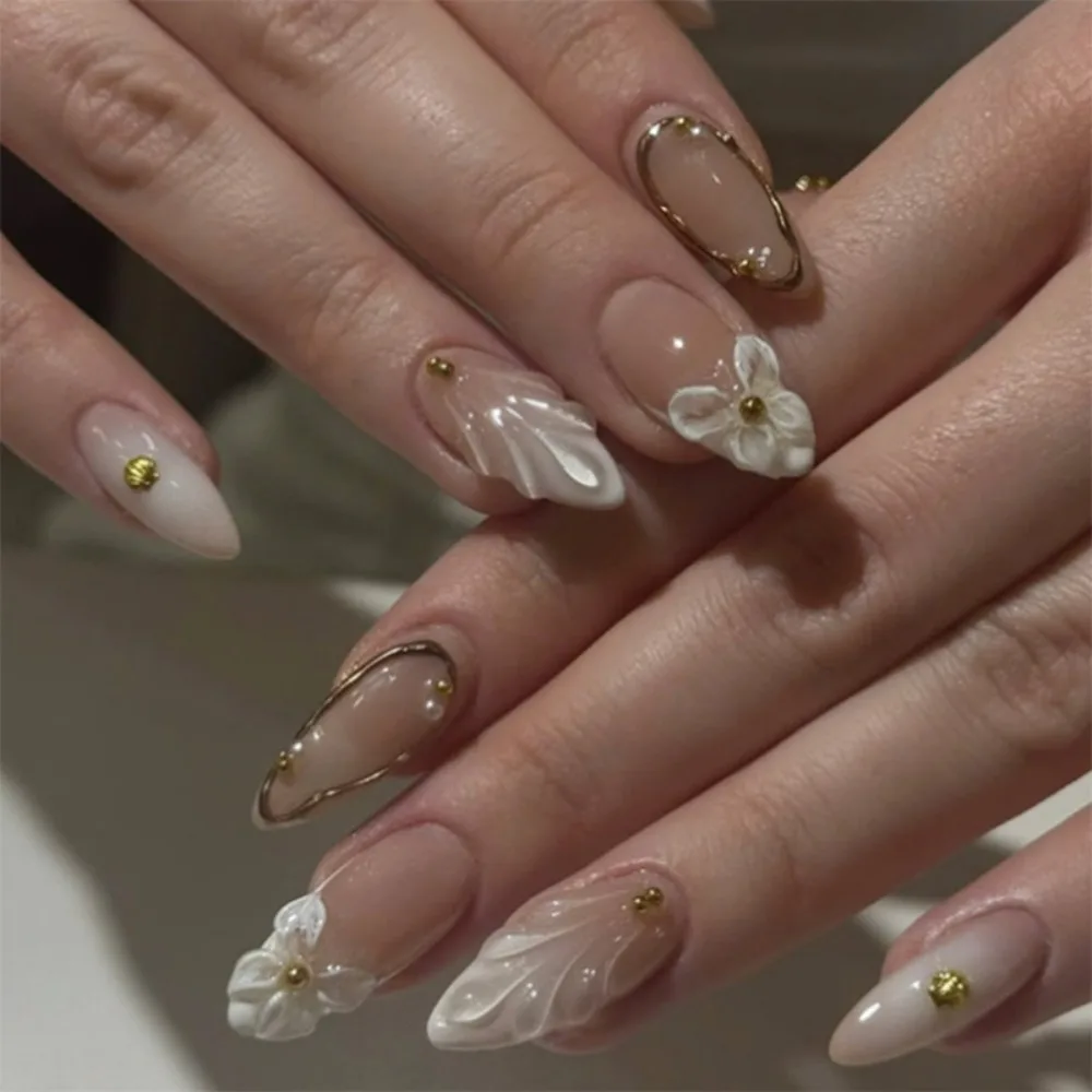 

24pcs Manicure Long Almond False Nails Gilded Flower Pearl French Press on Nails Star Bow Detachable Fake Nials Women