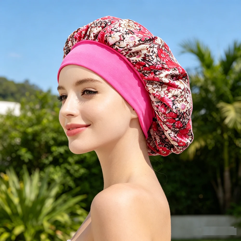 Satin Bonnets for Women Wide Elastic Band Floral Print Silky Headwrap Hijab Femme Hair Care Cover Hat Night Sleeping Curly Caps