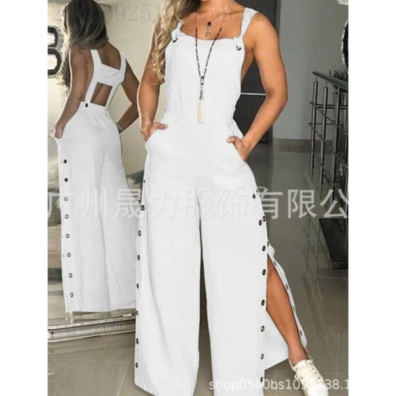 Women's Sleeveless Wide Leg Jumpsuit Chic Side Slit Pocket And Button Closure Solid Color Loose Straight-Leg Female Long Romper