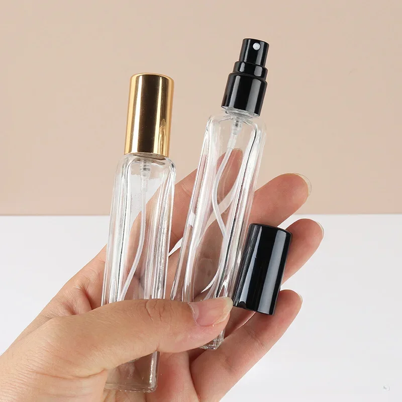 Botella atomizadora en spray de perfume recargable, 15 ml, vidrio transparente grueso, redondo cuadrado, con tapa negra dorada y plateada