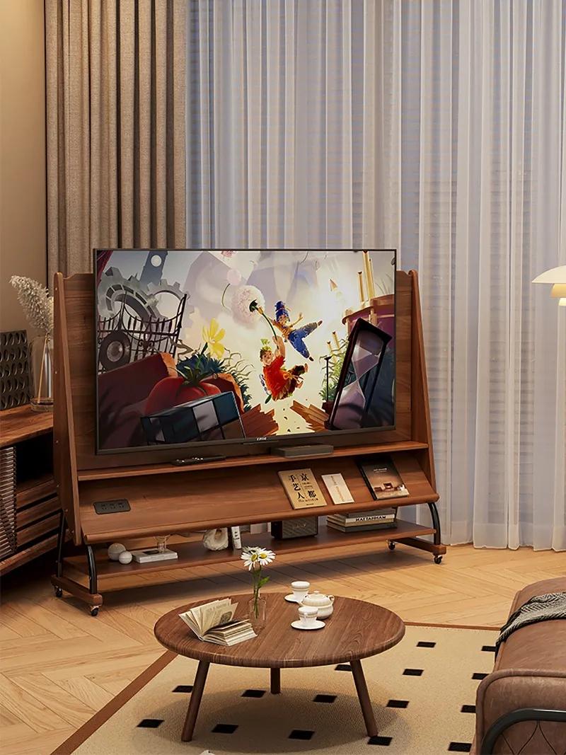 living room household small apartment medium and ancient style floor-to-ceiling storage, TV bracket with wheels