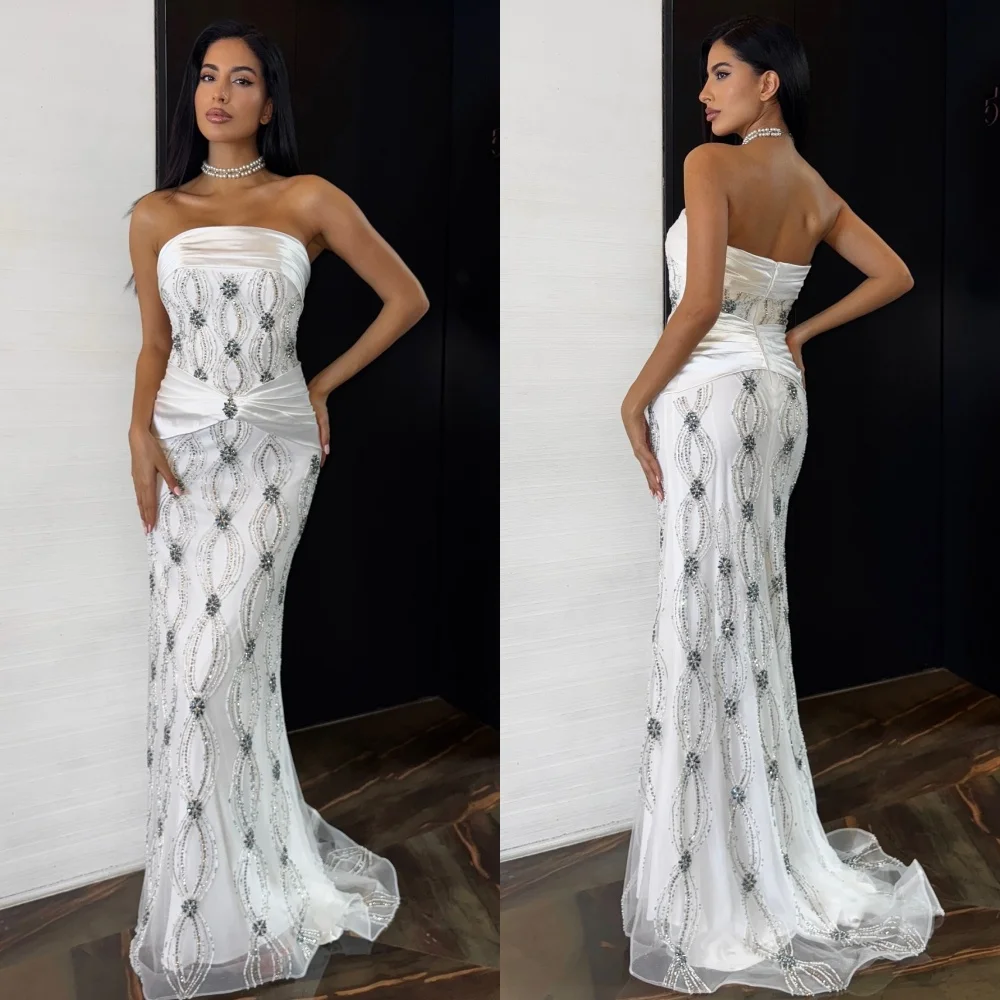 

Customized Classic Exquisite Charmeuse Sequined Pleat Trumpet Strapless Long Dresses Bespoke Occasion Sexy