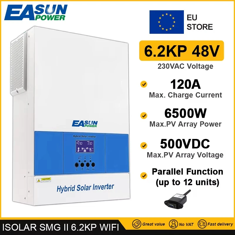 EASUN Hybrid Solar Inverter 48V 220V 6200W MPPT Off Grid 6500W 120A 500V High PV Charger Parallel with WIFI BMS Generator EU