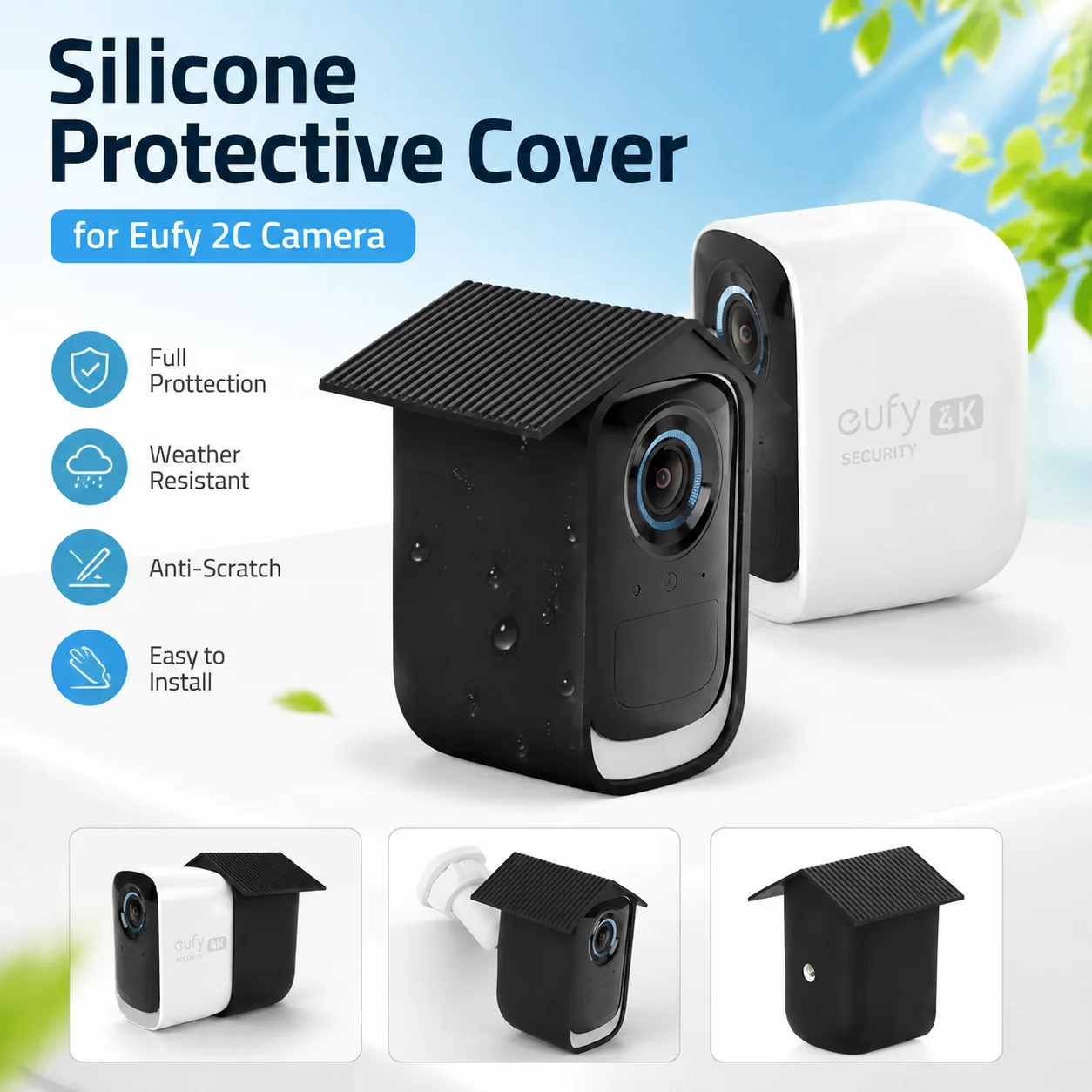 Full Protection Silicone Case for EufyCam 2C / 2C Pro Weatherproof Security Camera Cover Anti-Scratch Sun Shade Roof