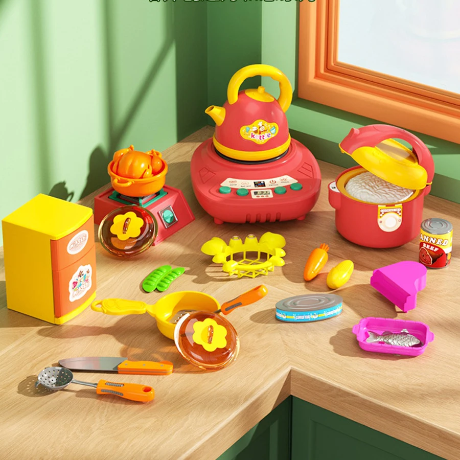 أطقم إكسسوارات المطبخ للأطفال محاكاة تأثير الصوت لعب الأدوار لعبة طفل مجموعة أواني الطبخ، قطع أطباق الطعام هدية