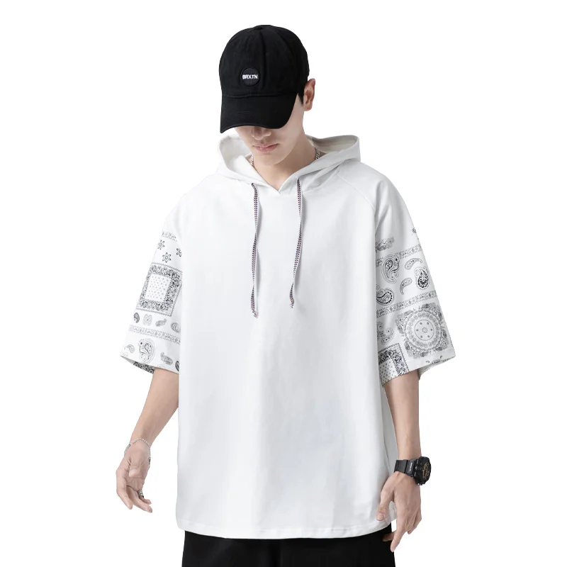 

Fashion Loose Casual Printed Lace Up Hooded T-Shirts Men's Clothing 2024 Summer New Oversized All-match Tops Korean Tee Shirt