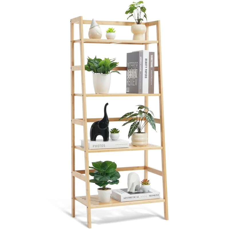 

4-Tier Bamboo Ladder Shelf, Rattan Trapezoid Bookcase, Freestanding Plant Stand, Natural Storage Organizer for Bathroom, Bedroom, Office, Study
