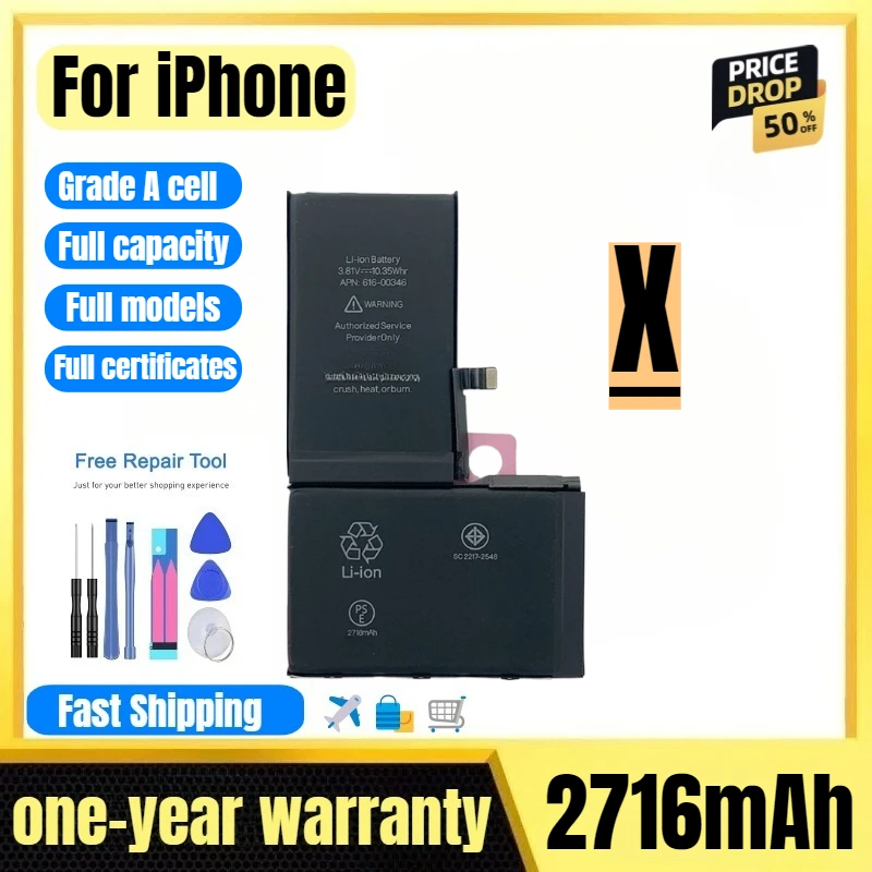 

A1865/A1901/A1902/A1903 for IPhone X Mobile Phone Battery High Quality High Capacity Replacement Bateria Grade A Cell with Tools