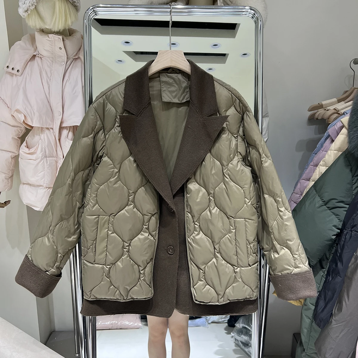 2024 Fashion Patchwork Down blazer donna inverno colletto rovesciato allentato caldo leggero elegante ufficio signora Outwear cappotti top