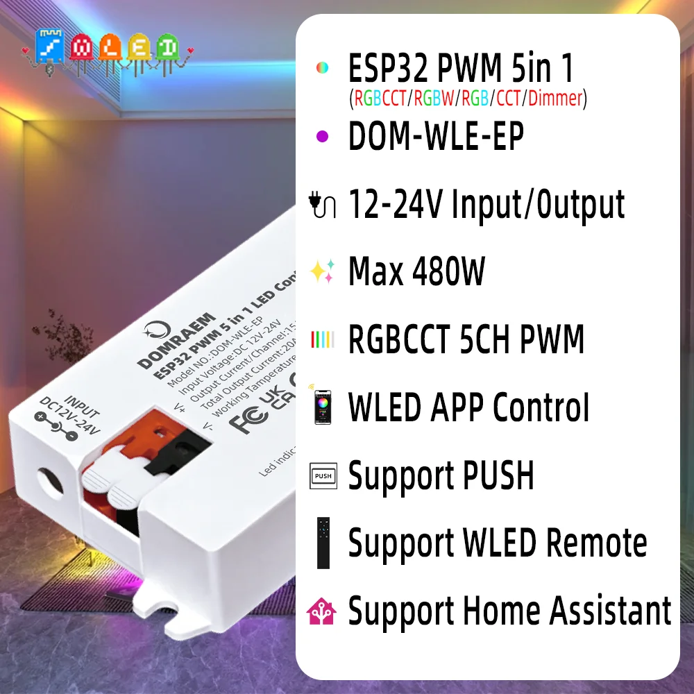 DOMRAEM WLED Controller ESP32 PWM for Analog LED Strip, 5-in-1 for 2/3/4/5/6 Wires, White CCT RGB RGBWCCT, Alexa Google Home HA