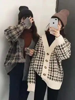 

Ladies' Knitted Cardigan Sweater Autumn Winter Plaid Pattern Lazy Sle Outerwear V-Ne Long Sve Polyester Fiber Coat