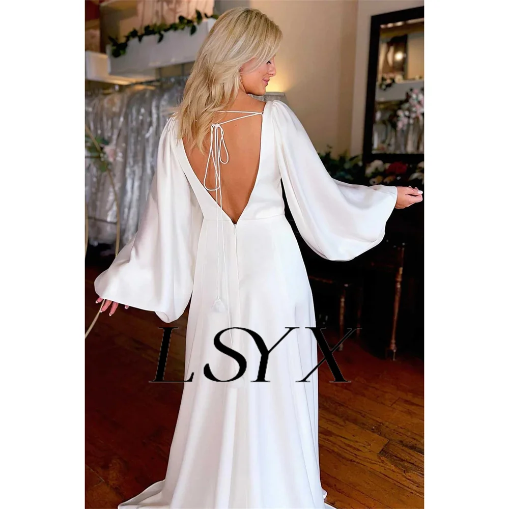 LSYX Customized Deep V-Neck Chiffon Long Puff Sleeves A-line Wedding Dress High Side Slit Open Back Court Train Bridal Gown