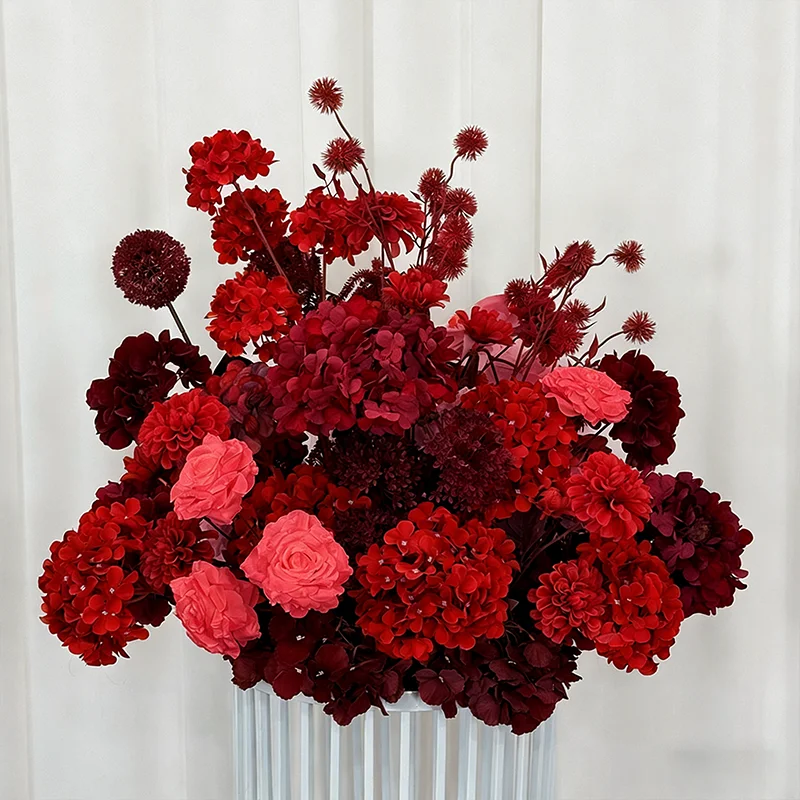 Weiße Kunstblumen Luxus Hochzeitsdekoration Sofa-Läufer Blumenreihe Event-Tischläufer Kranz Hortensie Rose Seiden-Blumenball – Detail 7
