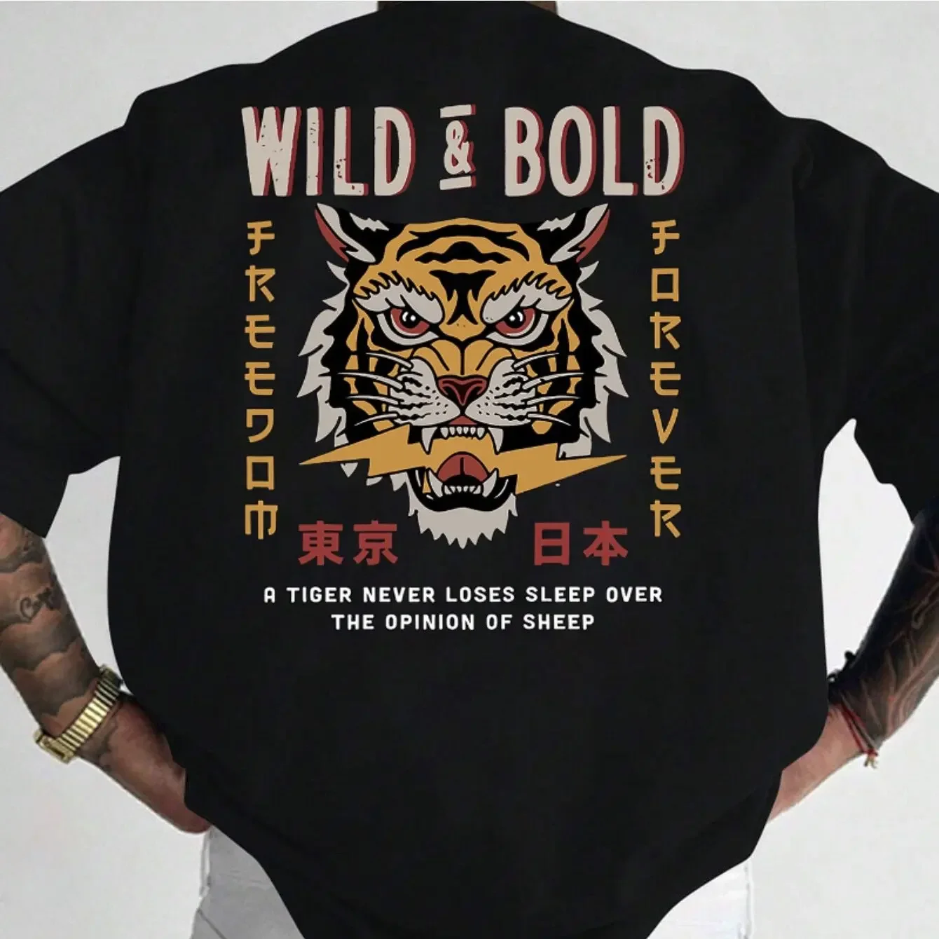 Men's Urban Japanese Style T-shirt with Retro Tiger Head and Chinese Character Design Loose Fit 100% Pure Cotton Summer T-shirt