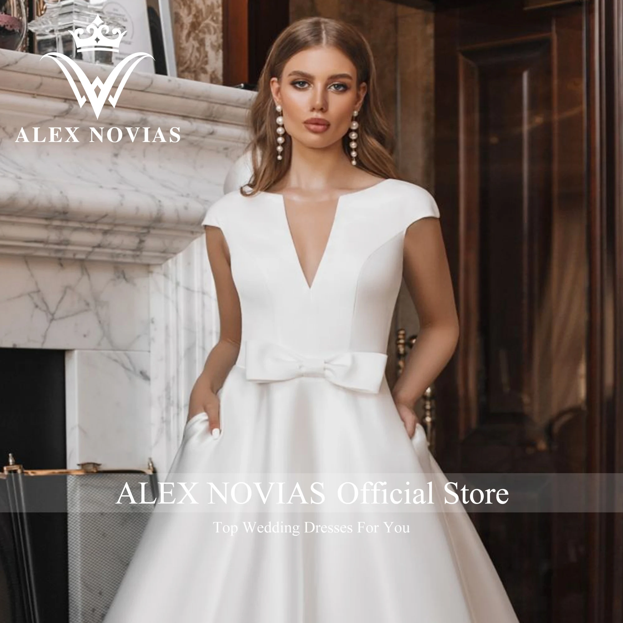 Alice NOVIAS – robe De mariée en Satin, ligne a, manches courtes, avec poches, col en v, dos nu, nœud, 2023