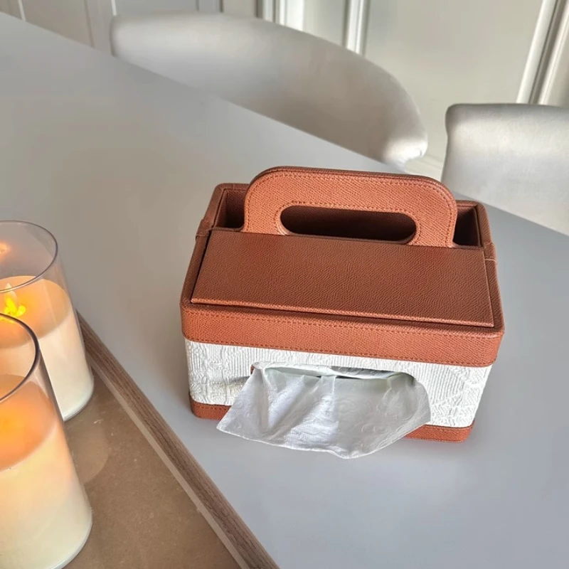 

French Vintage Leather Tissue Box with Remote Control Storage Multifunctional Organizer for Living Room Coffee Table Decoration