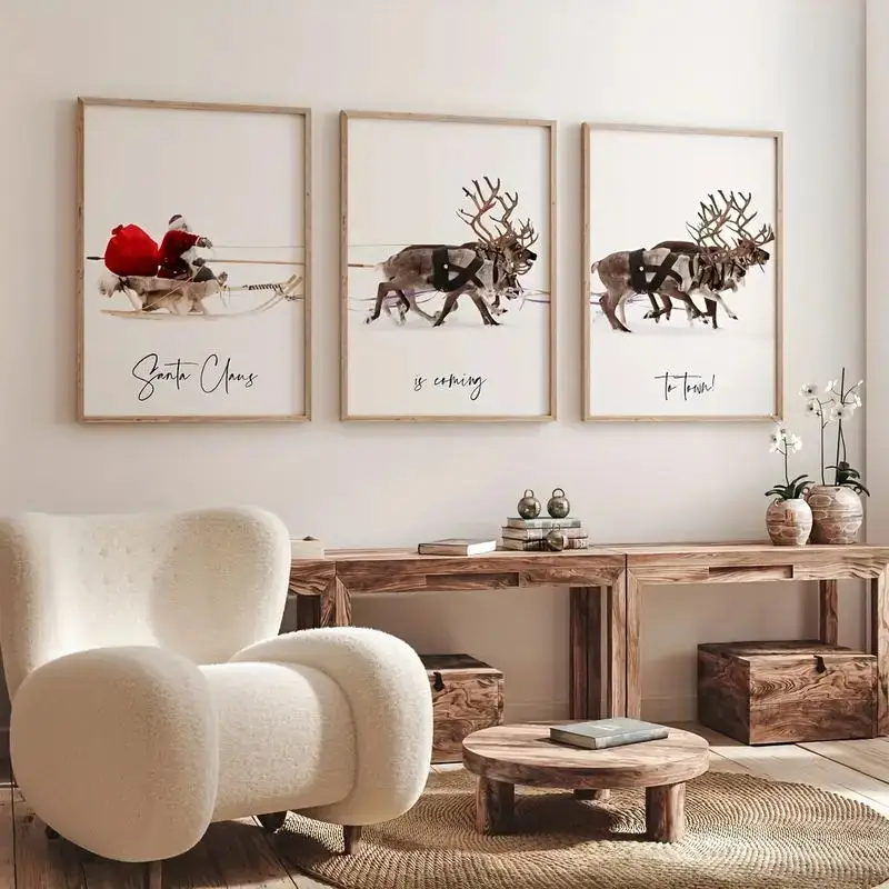 

3pcs/Set Canvas Poster Printing Santa Claus Wall Art Painting Living Room Bedroom Holiday Decoration, Christmas Gifts Home Decor