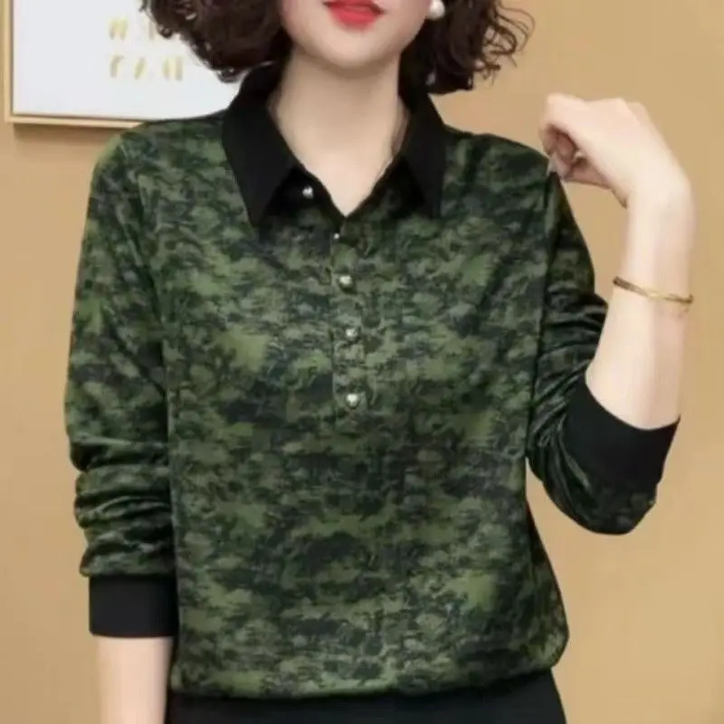 Printed Pullover Shirt Collar Middle-aged and Elderly Hot Pressed Diamond Top Mother's Outfit Small Shirt for Women