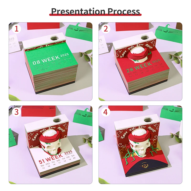 Time Piece Calendar 2026 Desk Calendar With LED Light 3D Tear-away Calendar Paper Carving Art Memo Pad Notepad Gift Christmas