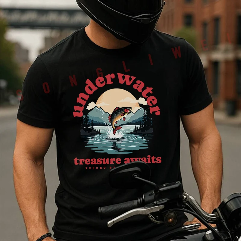 

A Fish Jumping Out Of A Lake Moto 100% Cotton T-Shirt Ultra Soft Round Neck Short Sleeve Tee For Men & Women