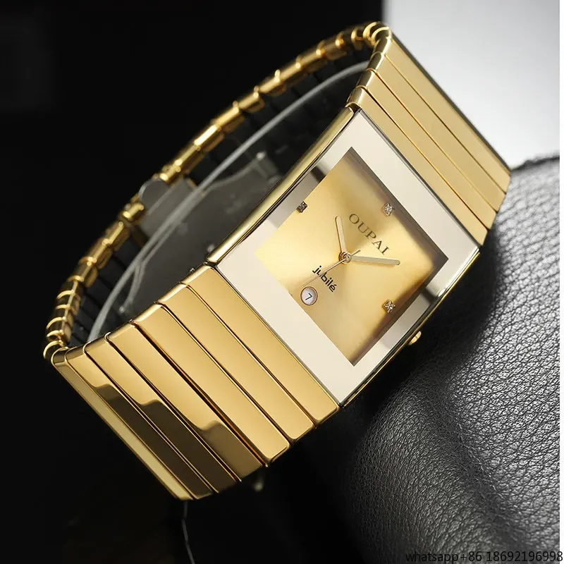 Oupai 2026 Retro Large Black Ceramic Men's Watch 34mm Quartz Movement Waterproof Simple Classical Style