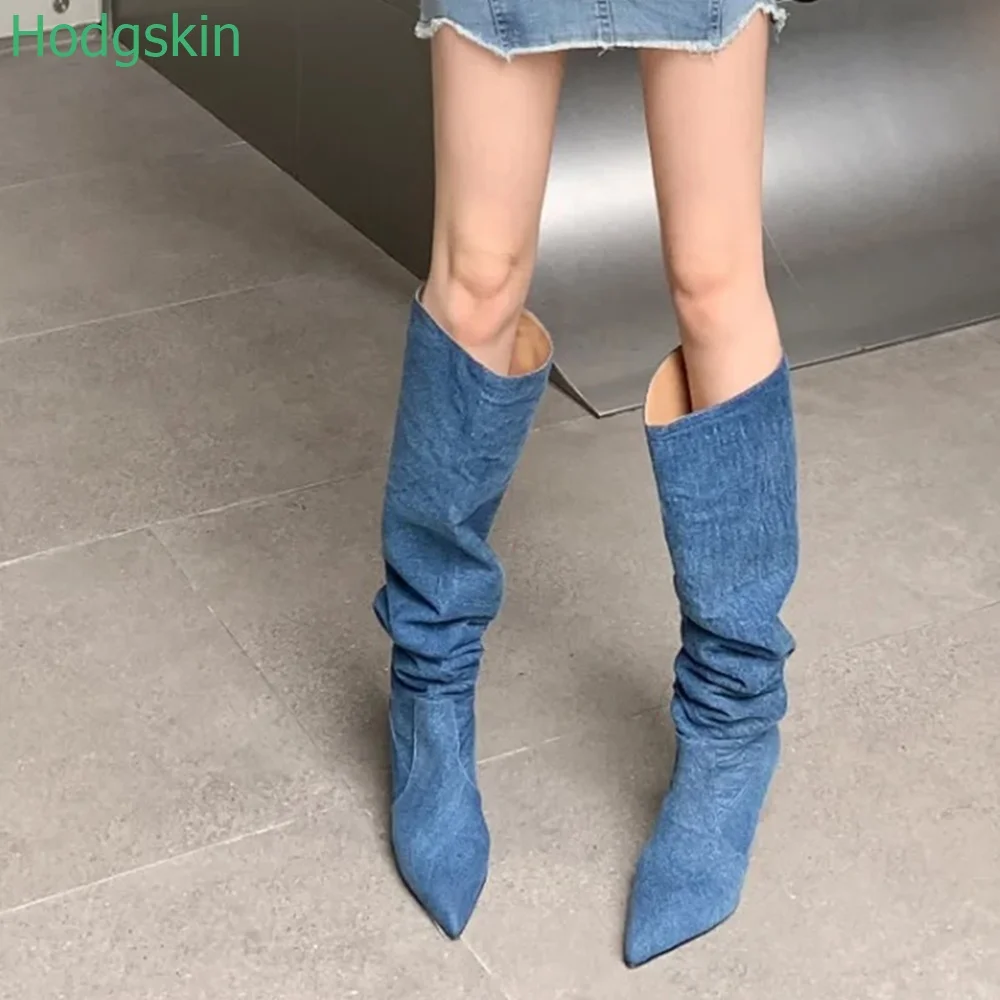 Thin Heel Pointed Toe Denim Women Boots  Retro Style Pleated slip on knee-high Boots Dark Black/Blue Spring Autumn Casual Boots