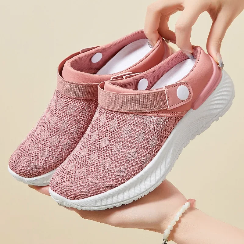 

2025 Summer New Round Head Half Support Shoes Outside Penetrating Air Mesh Lazy Slip-on Women's Slippers