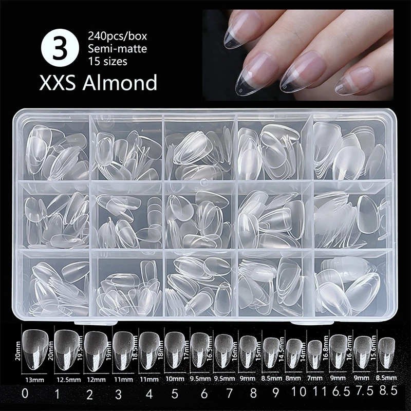 240Pcs XXS Almond False Nail Tips Semi-matte Full Cover Soft Gel Tips Artificial Nails Extension Perfect for Extra Short Nails