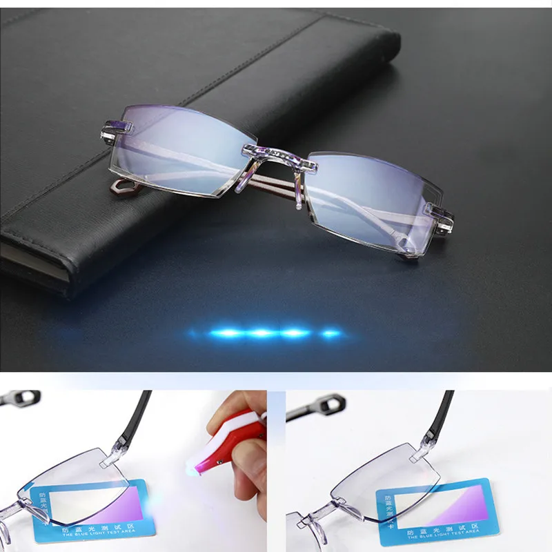 Men Women Rimless Reading Glasses Bifocal Far Near Anti Blue Light Magnification Eyewear Presbyopic Glasses Diopter +150 TR90