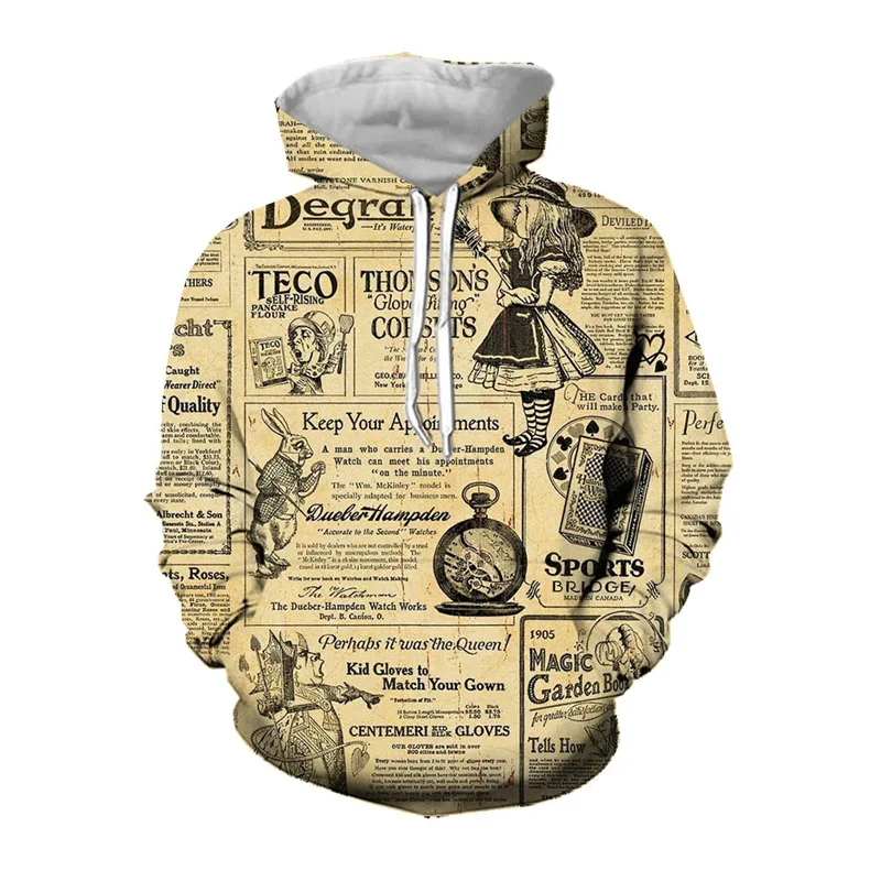 Vintage Krantenpatroon Hoodies Mode Heren Dames Lange Mouwen Trendy Streetwear 3d Geprinte Pullovers Casual Oversized Hoody