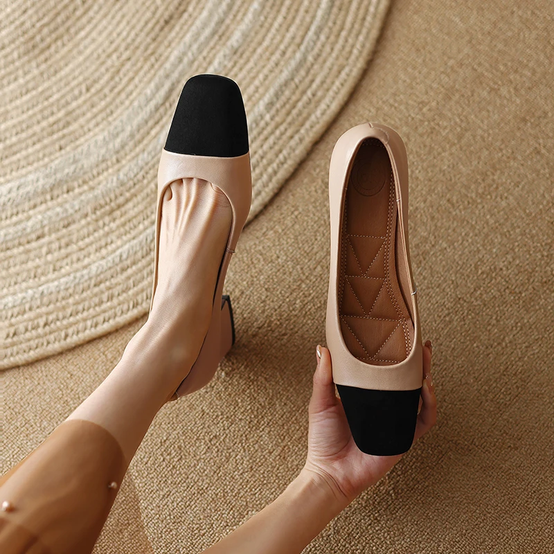 Women Pumps Shoes Genuine Leather 5cm Heels Elegant Fashion Concise High Quality Lady Shoes  Square Toe HIgh Thick Heel A124