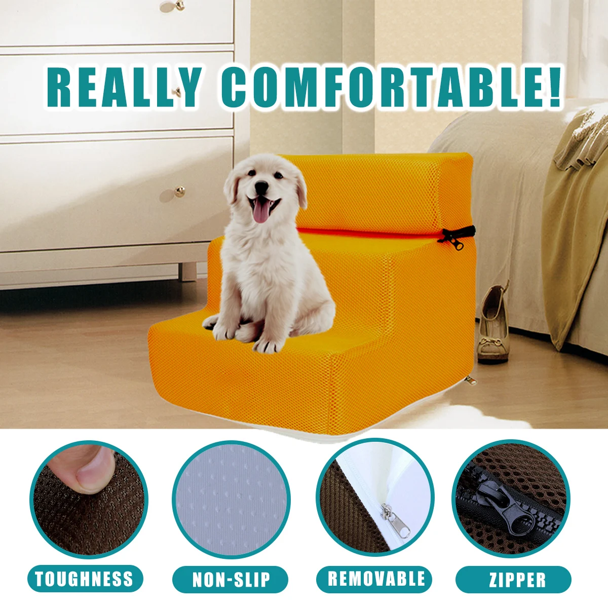 3 Steps Dog Ladder Cover Pet Stairs Zippered Mesh Fabric Cover Sofa Cat Puppy Ramp Removable Washable Non-Slip Stairs Cover