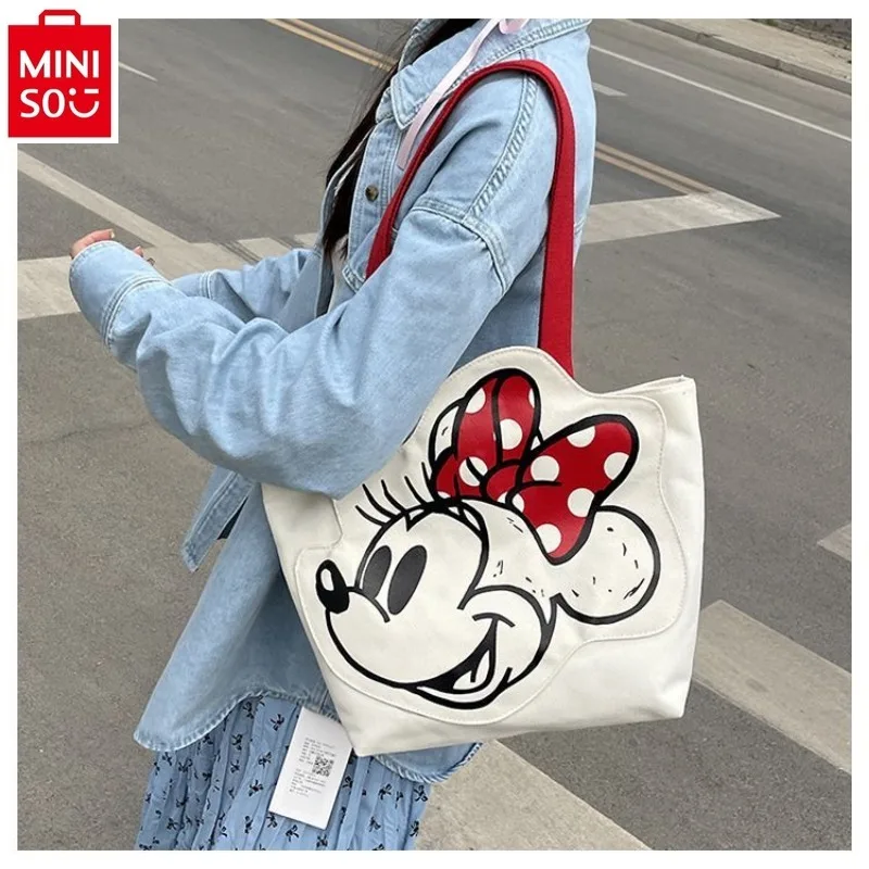 MINISO-Sac fourre-tout en toile de grande capacité pour femme, sac à provisions portable, dessin animé mignon Disney, mode décontractée