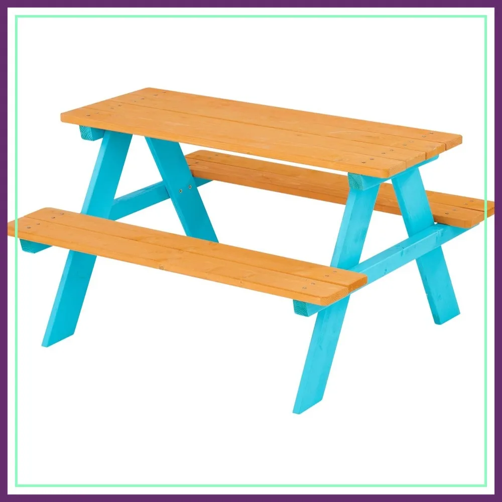 

Wooden Outdoor Picnic Table & Chair Bench Set - Brown/Aqua