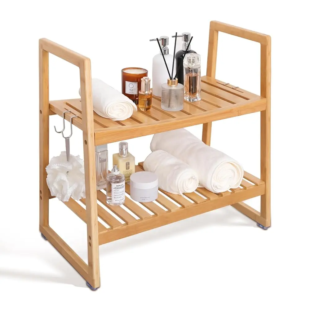 

24.4 H Bamboo Shower Bench Seat Chair Stool With A For Inside Shower, Heavy Duty Spa Bath Chair With 2 Movable Hooks, Non-Slip