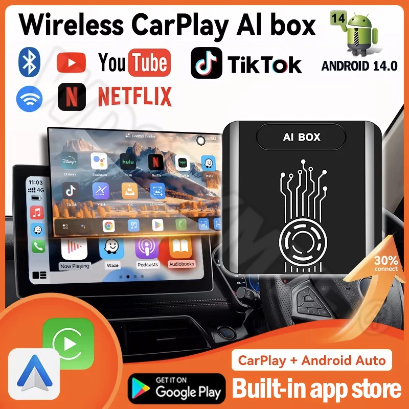 

5IN1 Android14 Беспроводной Carplay Android Auto 2025 Новый адаптер обновления Plug & Play для Youtube Netflix Dongle Беспроводной автомобильный AI TV BOX