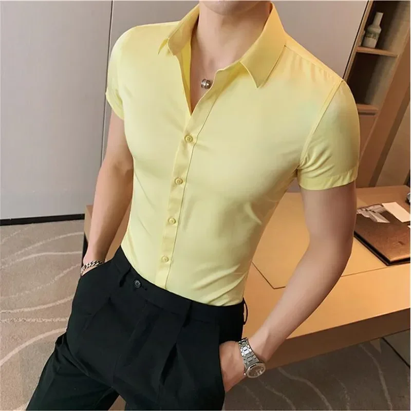 

British Style Summer Short Sleeve Shirt Men Fashion 2022 Business Formal Wear Slim Fit Men Dress Shirts Solid All Match Blouses