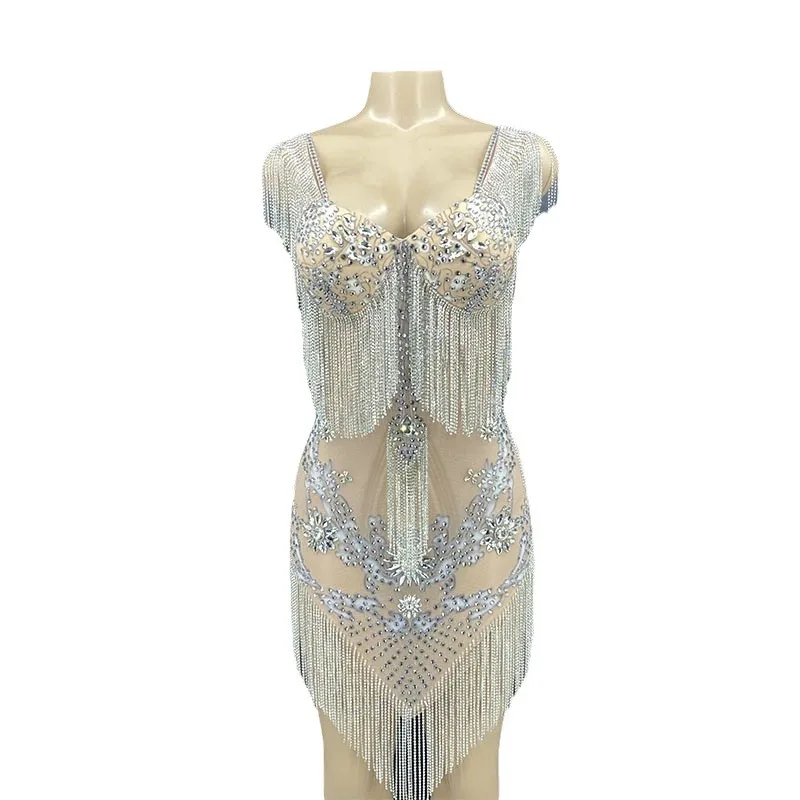 

Flash Diamond Tassel Sexy Prom Dress Party Low Chest Women Club Costume Vestidos De Fiesta De Lujo Sukienki Wieczorowe Luksusowe