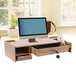 Monitor Riser Stand Computer Laptop PC Shelf Display Holder Desk Organizer with Drawer Wood