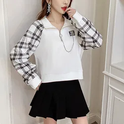 New Autumn Fashion Trend Patchwork Plaid Zipper Stand Neck Short Loose and Versatile Westernized Women's Long Sleeved Sweater