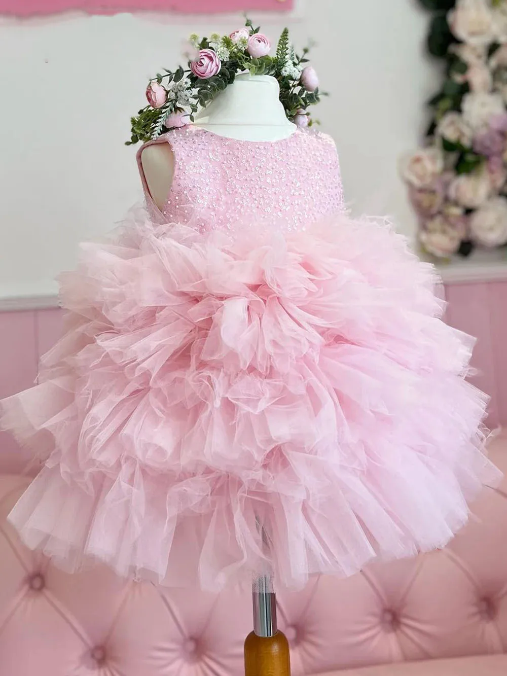 Vestido de lentejuelas en capas de tul rosa para niña, vestido sin mangas de flores para boda, fiesta de cumpleaños para niños encantadores, vestidos de baile de primera comunión