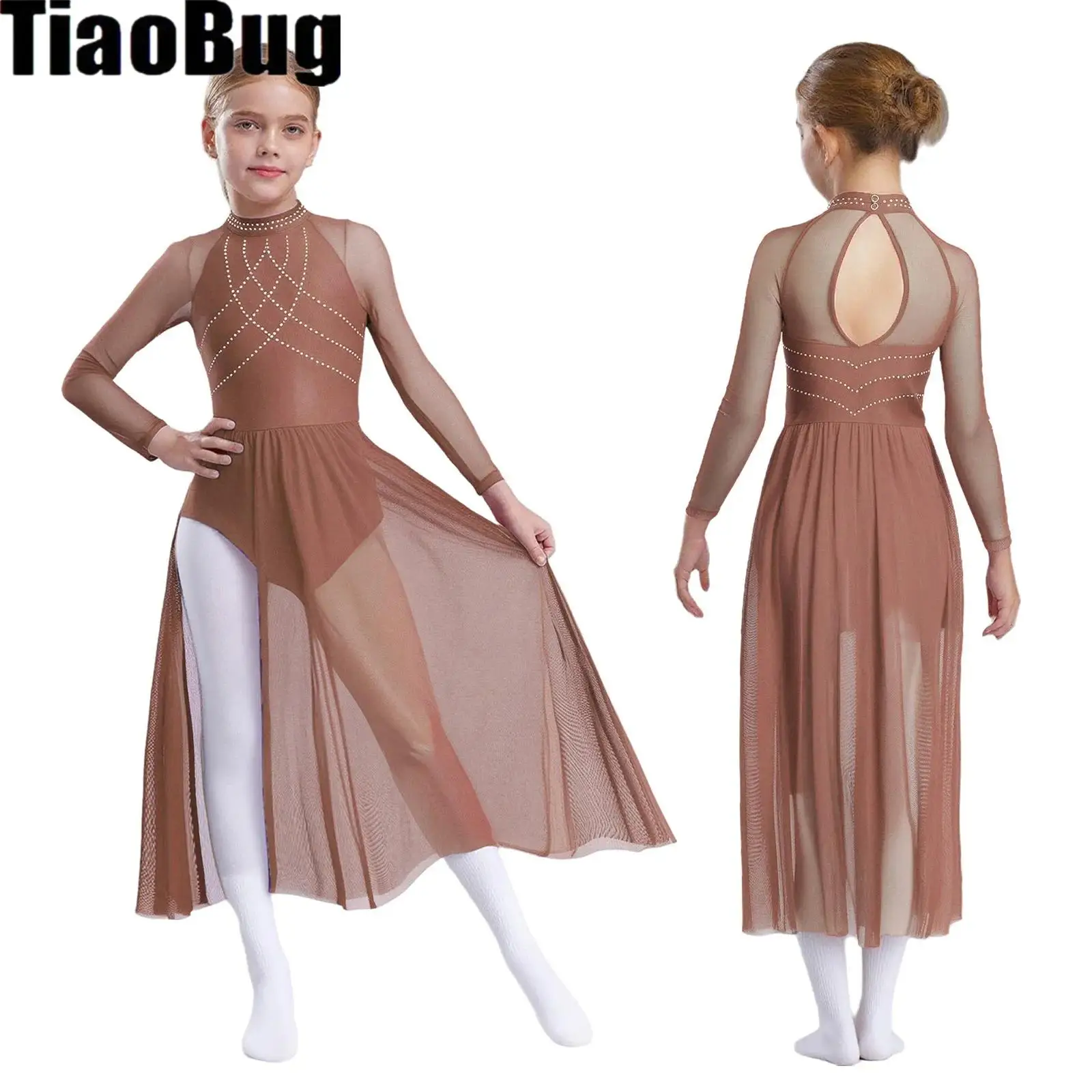 

Girls Lyrical Dance Dress Rhinestones Sheer Mesh Split Leotard Dress Long Sleeve Ballet Figure Skating Gymnastics Dance Costume