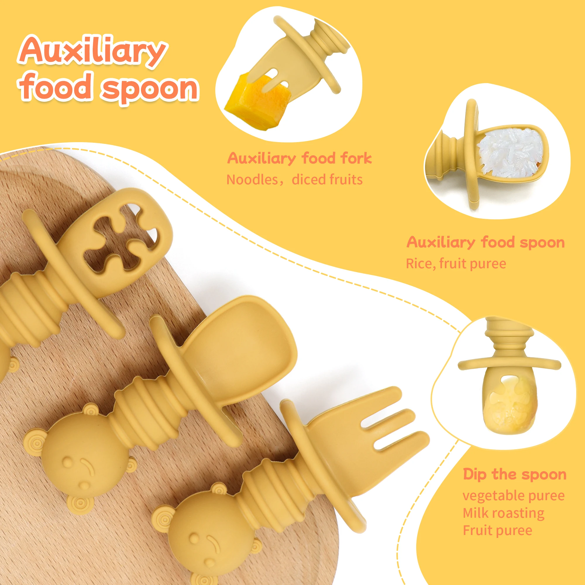 3-piece adorable silicone baby spoon set with easy-grip handles and anti-choking shields,baby safety spoon