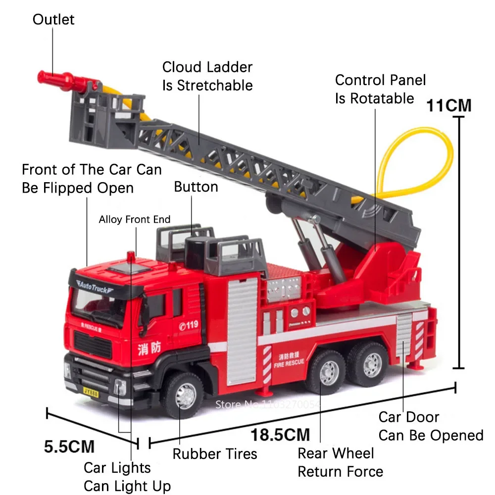 1:50 Alloy Ladder Fire Truck Water Tanker Car Model Toys Metal Diecast Vehicle Sound Light Pull Back Rubber Tires Toy Kids Gift