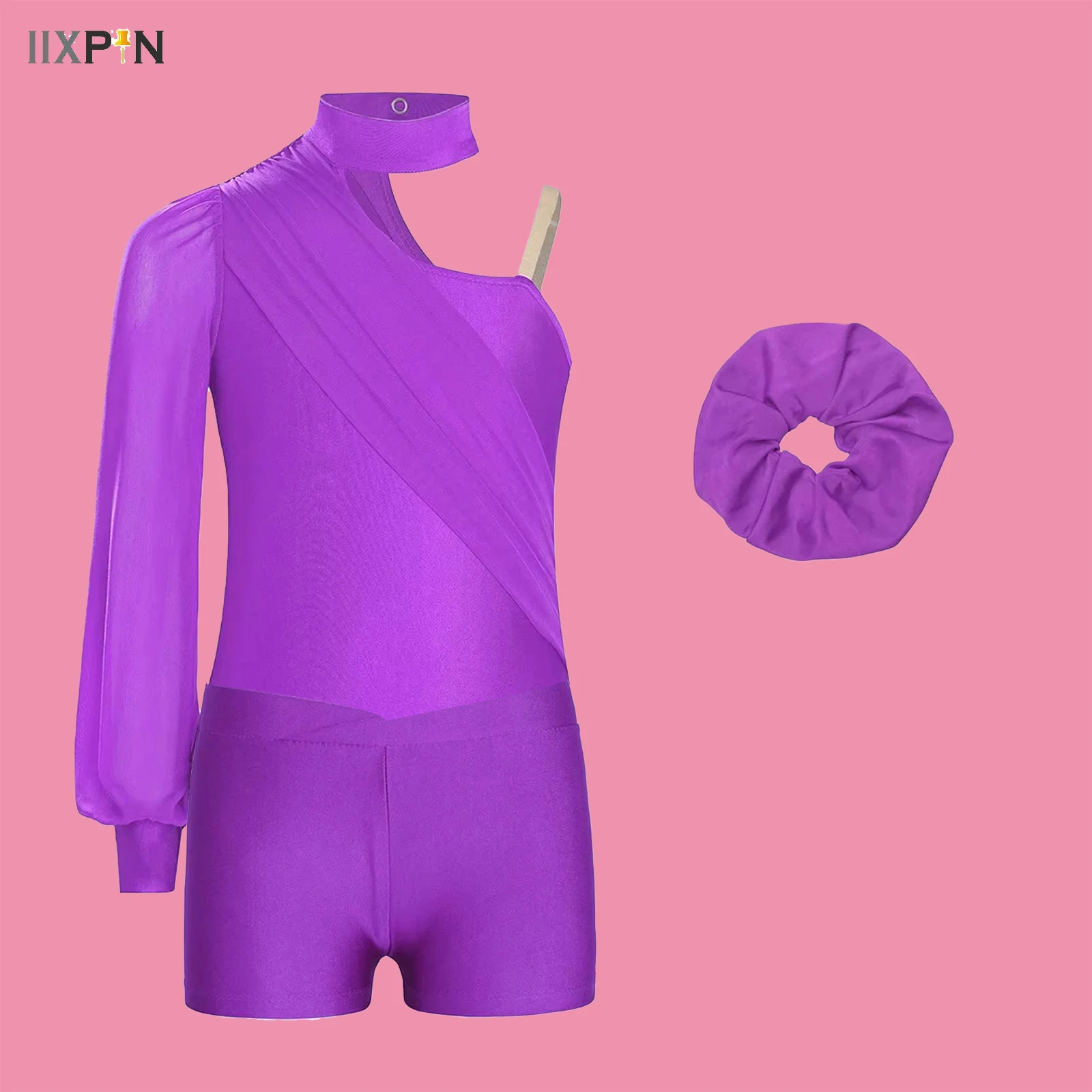 

Kids Girls Ballet Jersey Gymnastics Sets One Shoulder Ruched Mesh Overlay Leotard with Shorts Hairband Athletic Unitard Biketard