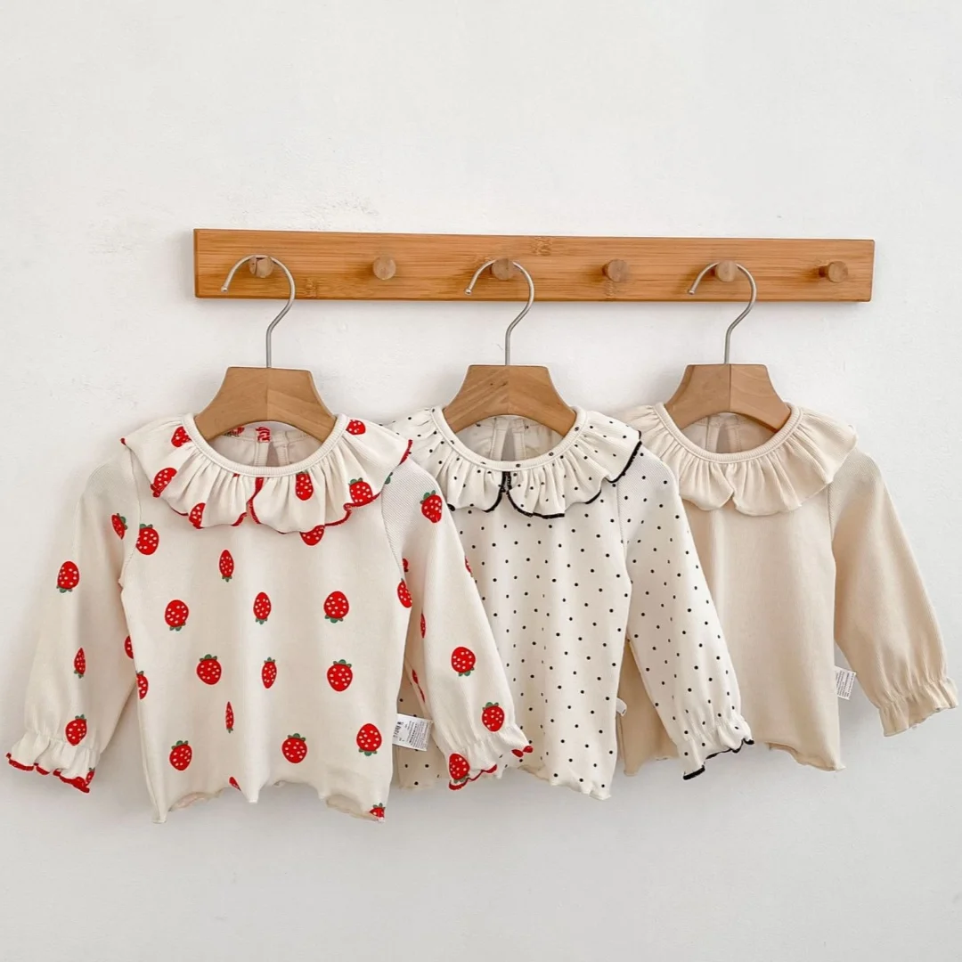 Kids Long Sleeve Base Top Strawberry Polka Dot Print Ruffle Collar Blouse Girls T-Shirt Sweet Style Autumn Soft Children Clothes