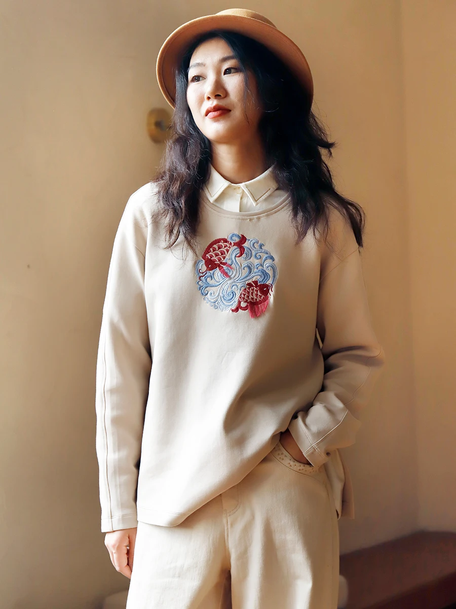 

Женская модная футболка с длинным рукавом и вышивкой в китайском национальном стиле, новинка весеннего сезона, для повседневной носки