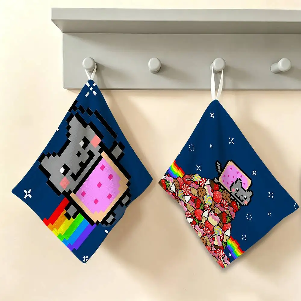 Cartoon Game N-nyan Cat Polyester Cotton Hand Wiping Towel, Anti-shrink Hanging Kitchen Cloth for Household Cleaning