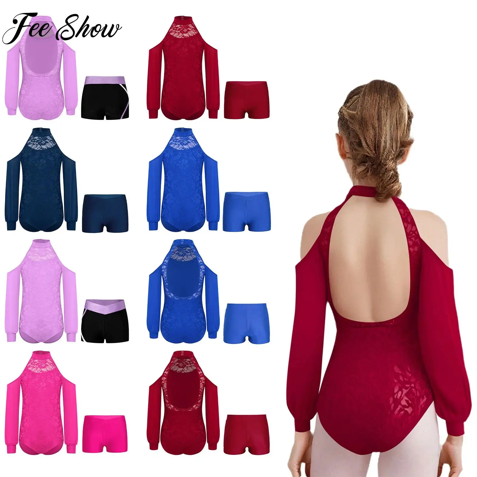 Girls Ballet Gymnastics Leotard Figure Skating Dancewear Sets Cutout Back Cold Shoulder Long Sleeves Lace Leotard+Shorts Outfit