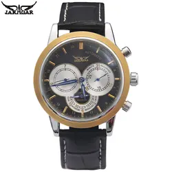 JARAGAR Men Mechanical Watches Brand Luxury Men'S Automatic 6 Hands Genuine Leather Strap Watches Black  Wristwatches For Men